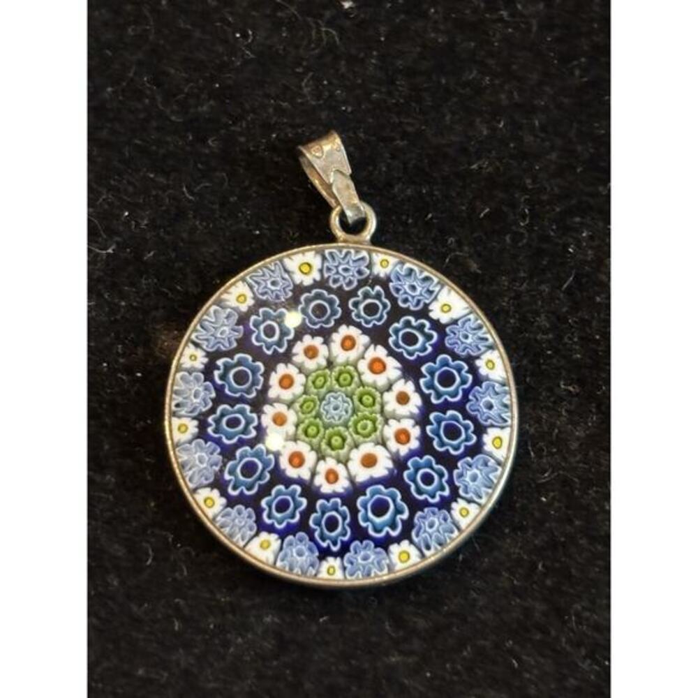 AMV 925 sterling silver millefiori Flower Nature blue glass pendant